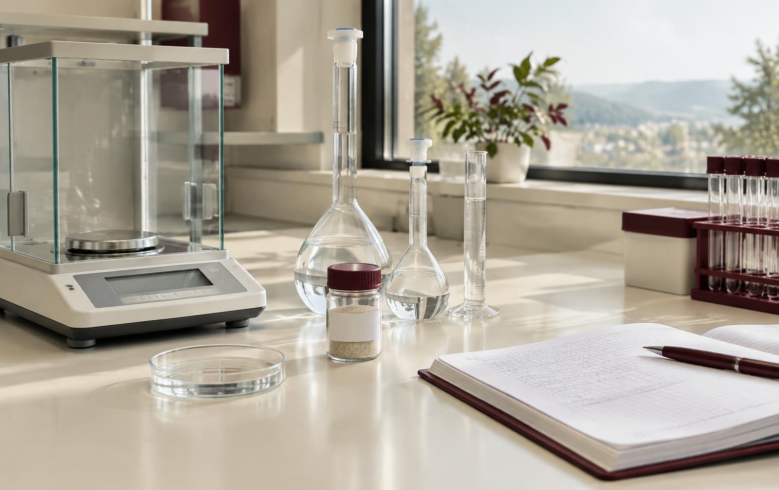 Laboratory balance, volumetric glassware, labeled sample vial, and notebook on a bright workbench.