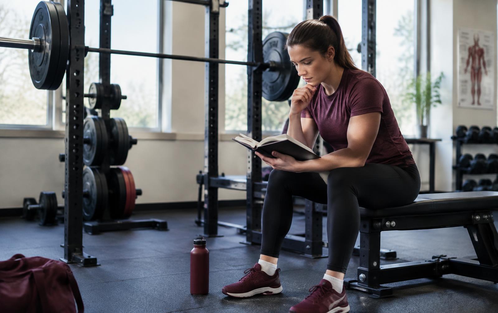 Strength athlete reading a training notebook beside a squat rack in a bright gym.