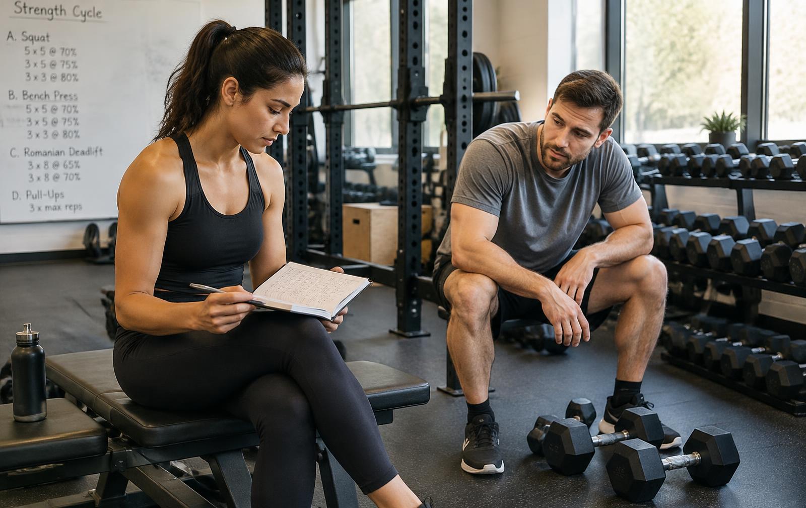 Two adult strength trainees reviewing a workout log between sets in a daylight gym.