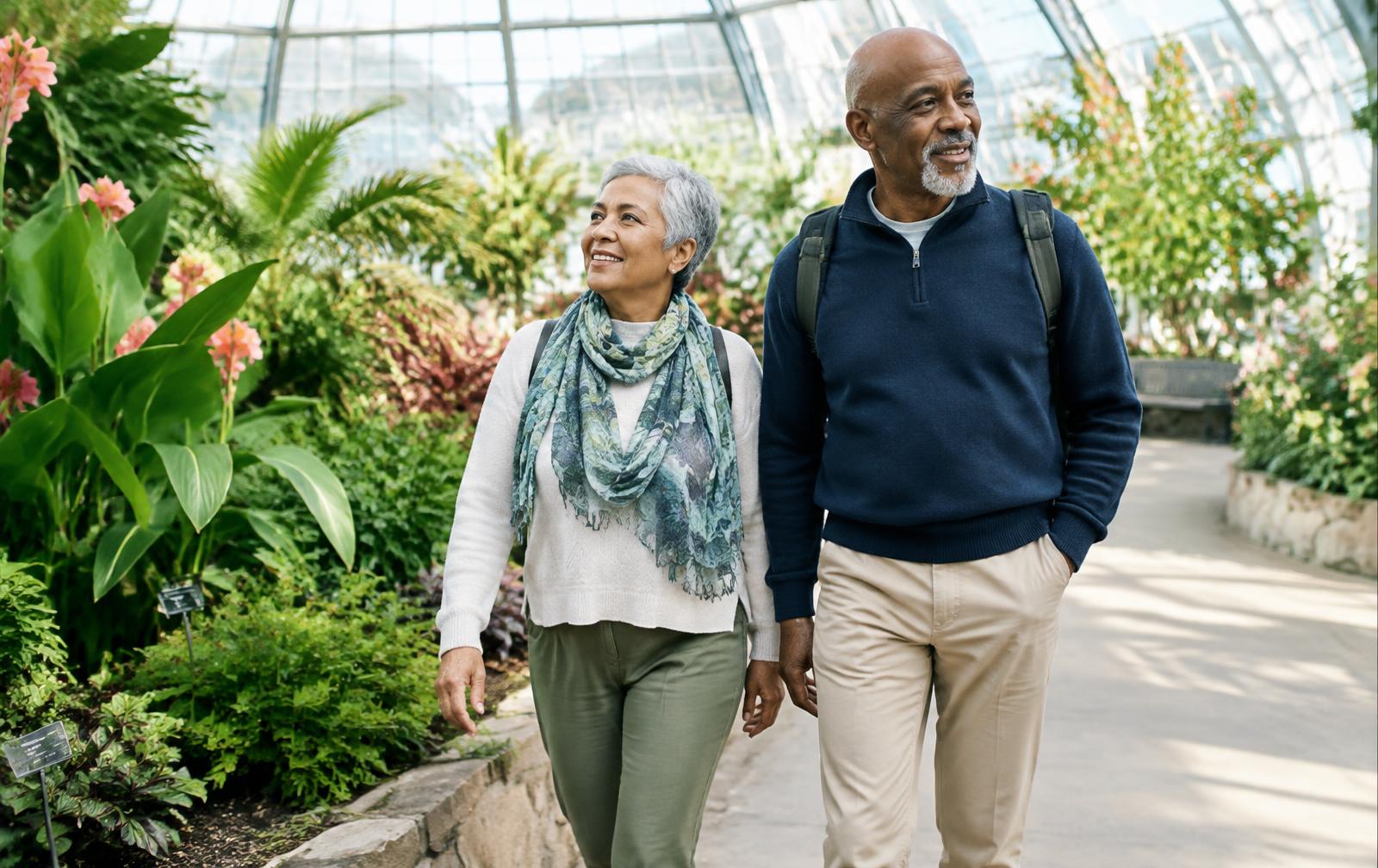Older couple walking together in a bright botanical conservatory.