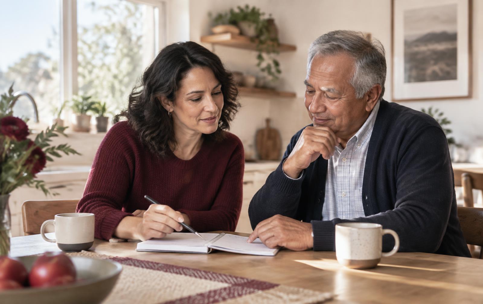 An adult daughter and her father calmly reviewing appointment questions together at a sunlit kitchen table.