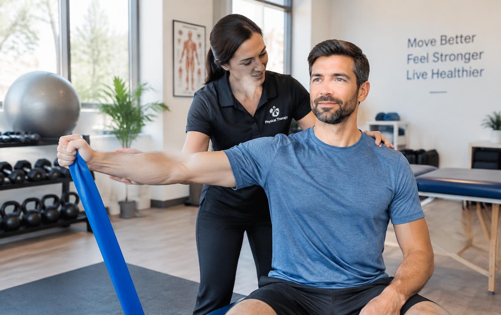 Recreational lifter completing a controlled shoulder rehabilitation exercise with a physical therapist.